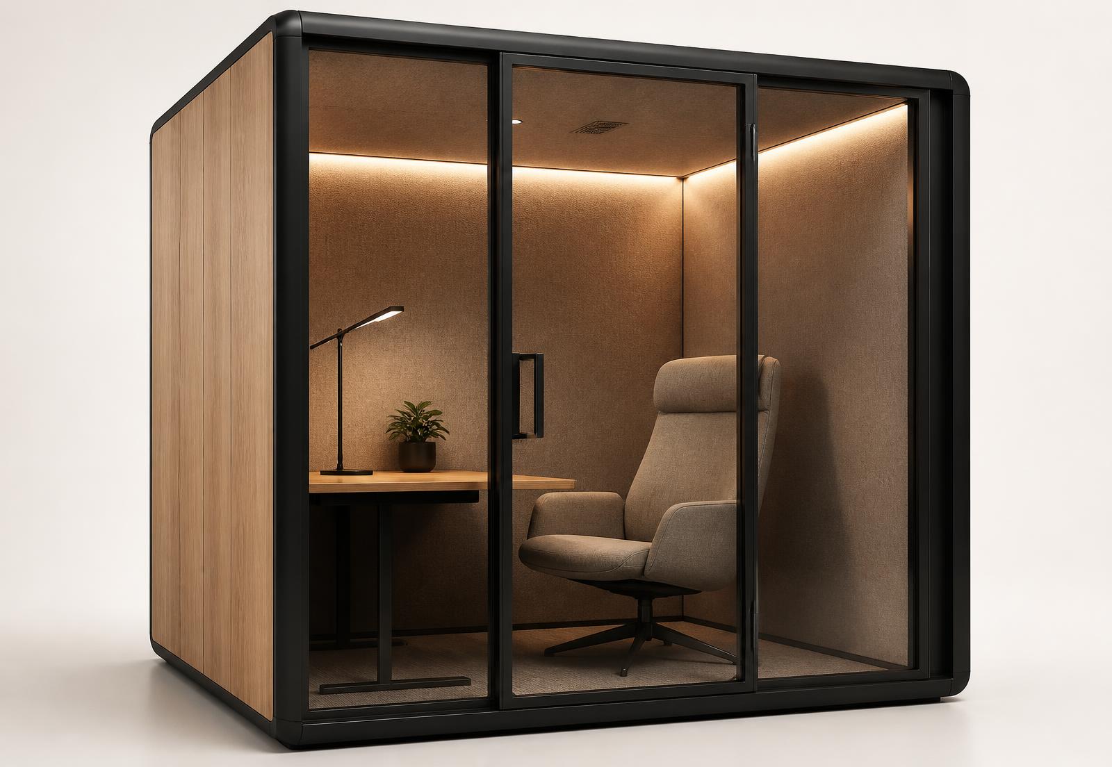 A RīSpace modular pod with black aluminum frame, oak cladding and full-height glass showing a warm-lit interior